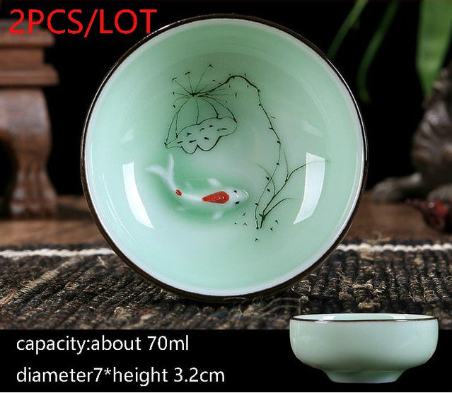 New Multiple Varients 2PCS/Lot Chinese Style Longquan Celadon Teacup Hand Painted Vintage Pattern Vintage Small Tea Bowls Master Pu Er Tea Cups Gifts