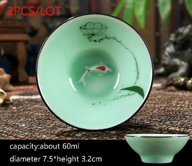 New Multiple Varients 2PCS/Lot Chinese Style Longquan Celadon Teacup Hand Painted Vintage Pattern Vintage Small Tea Bowls Master Pu Er Tea Cups Gifts