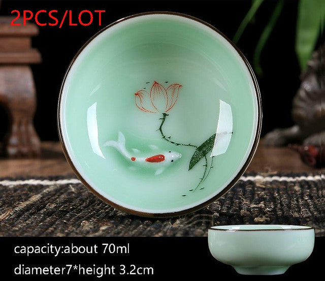 New Multiple Varients 2PCS/Lot Chinese Style Longquan Celadon Teacup Hand Painted Vintage Pattern Vintage Small Tea Bowls Master Pu Er Tea Cups Gifts