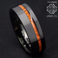 Black Brushed Tungsten Carbide Ring Koa Wood Ring