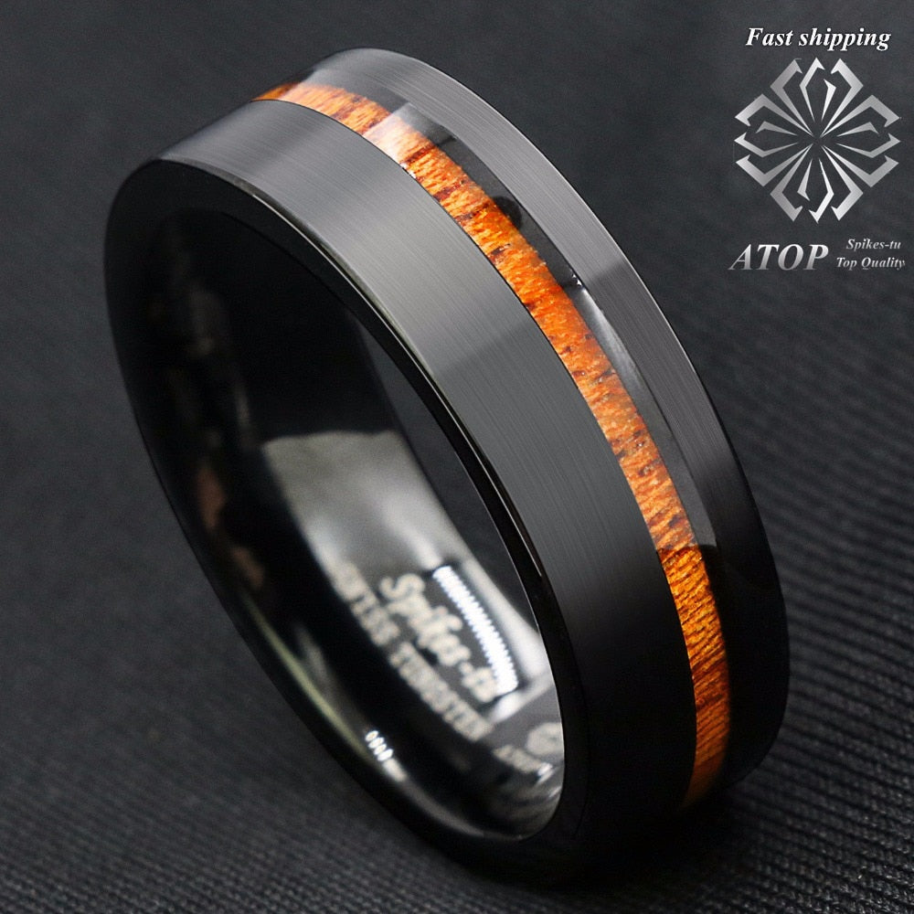 Black Brushed Tungsten Carbide Ring Koa Wood Ring