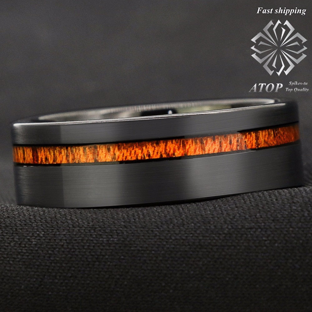 Black Brushed Tungsten Carbide Ring Koa Wood Ring