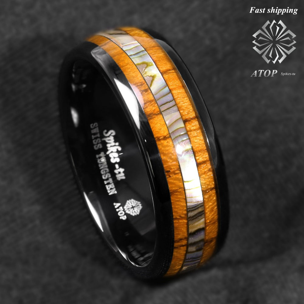 8mm Black Tungsten carbide ring Koa Wood Abalone ATOP Wedding Band Men's Jewelry
