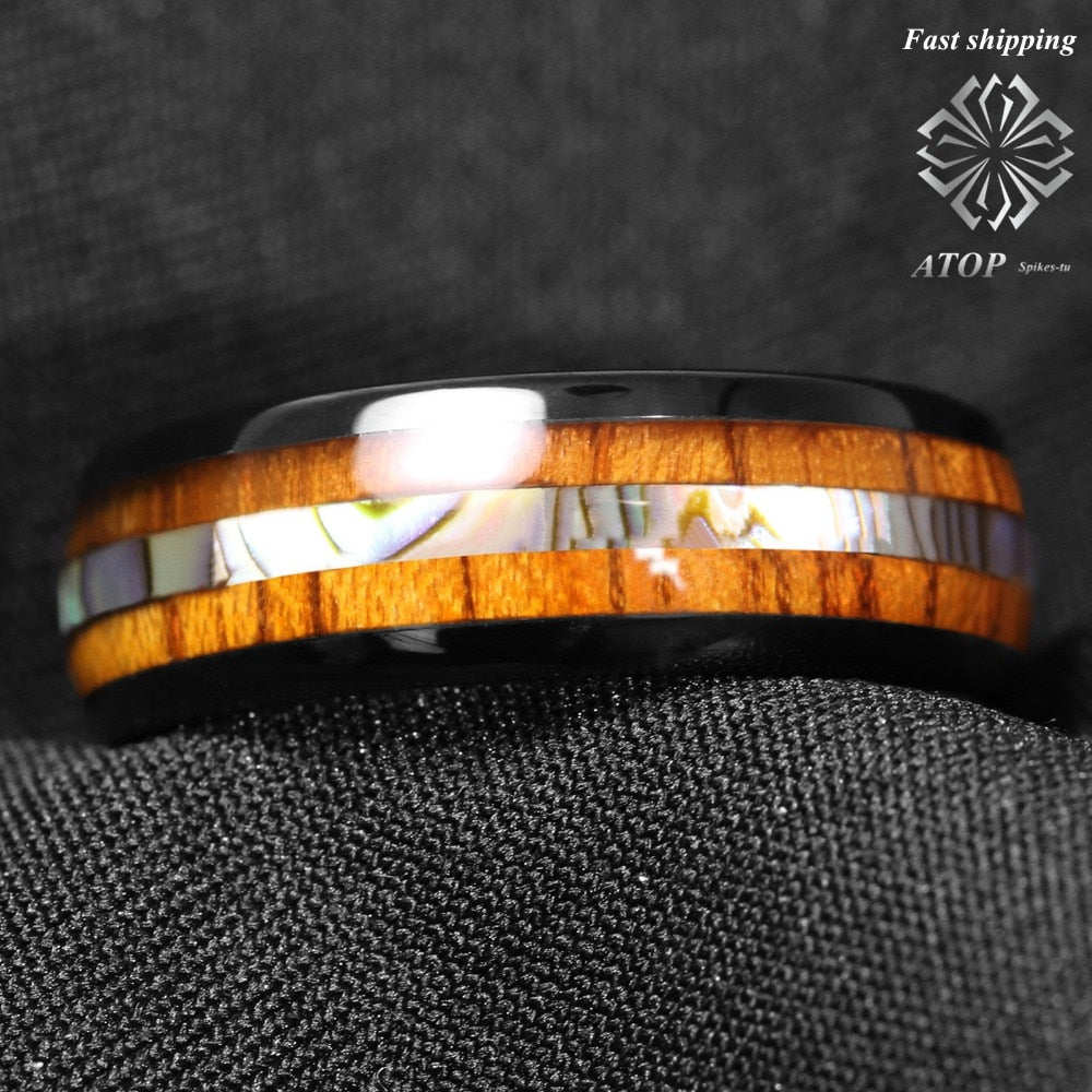8mm Black Tungsten carbide ring Koa Wood Abalone ATOP Wedding Band Men's Jewelry