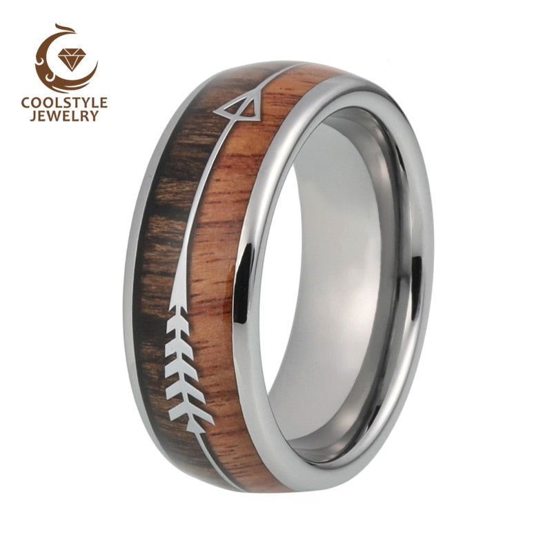 8mm Mens Tungsten Carbide Rings Womens Wedding Bands Koa Wood Arrow Inlay Domed Polished Shiny Comfort Fit