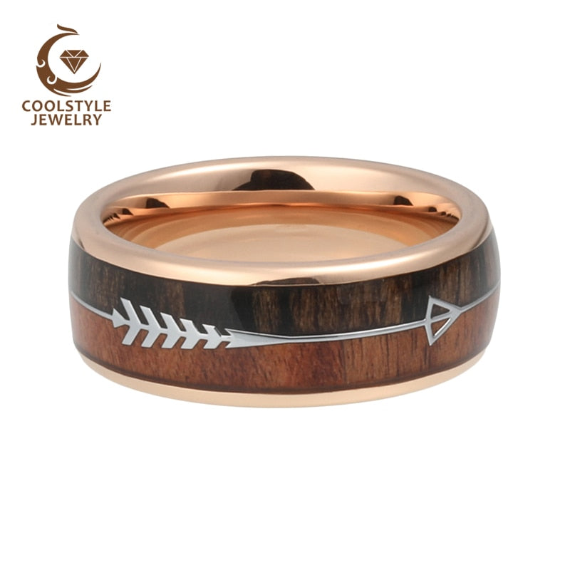8mm Mens Tungsten Carbide Rings Womens Wedding Bands Koa Wood Arrow Inlay Domed Polished Shiny Comfort Fit