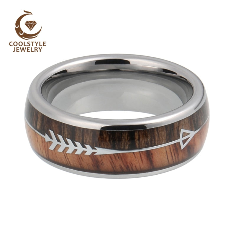 8mm Mens Tungsten Carbide Rings Womens Wedding Bands Koa Wood Arrow Inlay Domed Polished Shiny Comfort Fit
