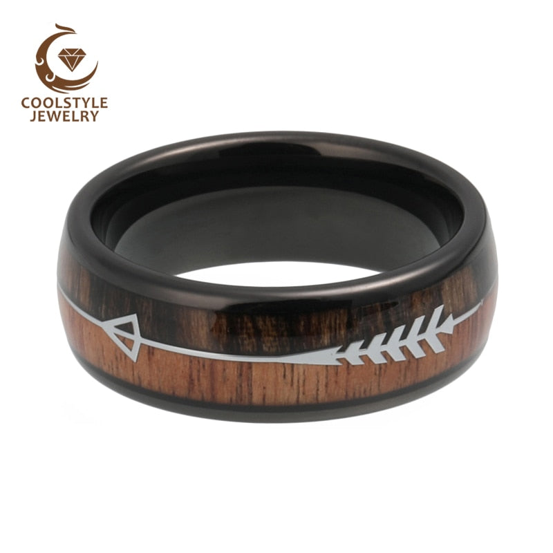 8mm Mens Tungsten Carbide Rings Womens Wedding Bands Koa Wood Arrow Inlay Domed Polished Shiny Comfort Fit
