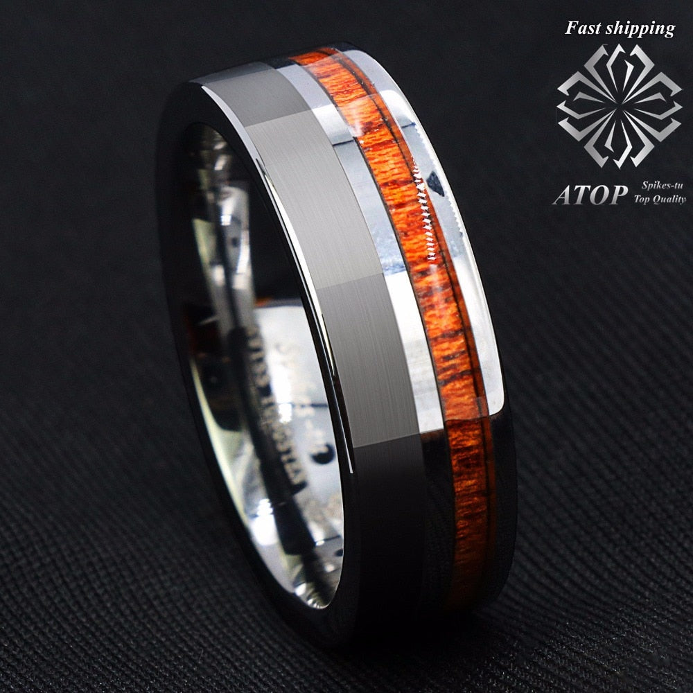 Silver Brushed Tungsten Carbide Ring Koa Wood Ring