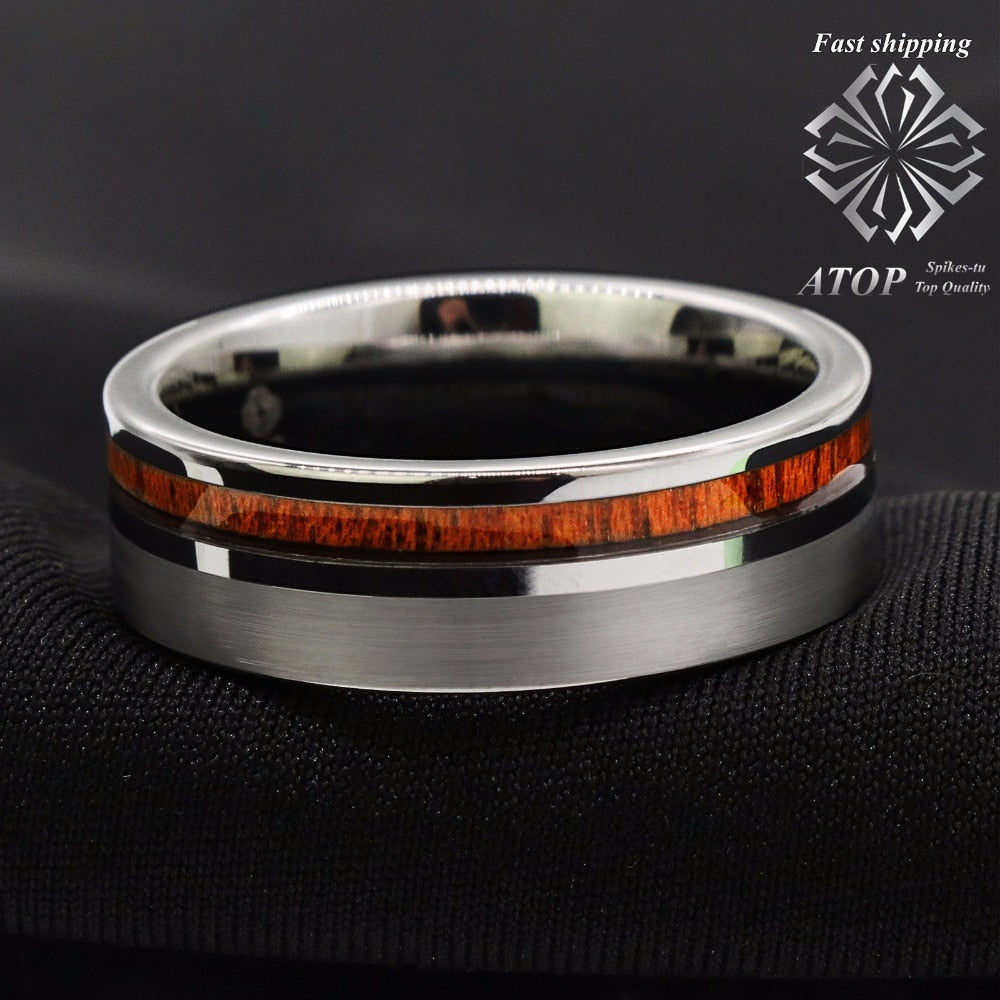 Silver Brushed Tungsten Carbide Ring Koa Wood Ring