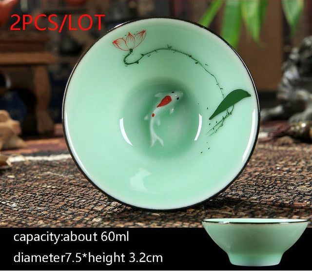 New Multiple Varients 2PCS/Lot Chinese Style Longquan Celadon Teacup Hand Painted Vintage Pattern Vintage Small Tea Bowls Master Pu Er Tea Cups Gifts