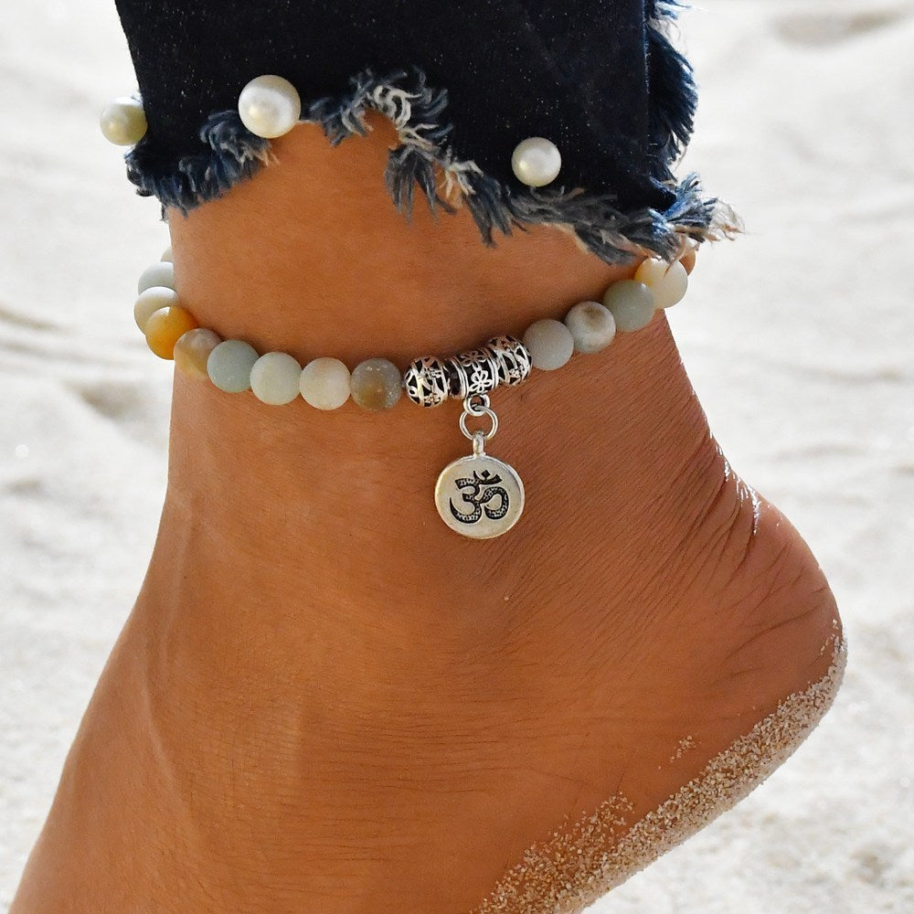 Ankle Jewlery - Matte Frosted Amazonite Beads With Lotus OM Buddha Charm Yoga Statement Bracelet Jewelry - Free + Shipping