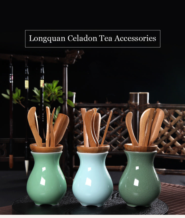 Chinese Celadon Ceramic Vase with 5 Piece Bamboo Tea Tools For Kung Fu Ceremony