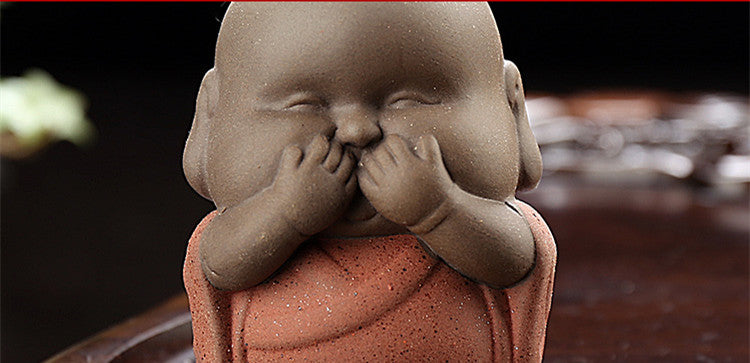 Purple Clay Sand Monk Tea Pets. Buddha Say: Not Listen - Not Watch - Not Hear.