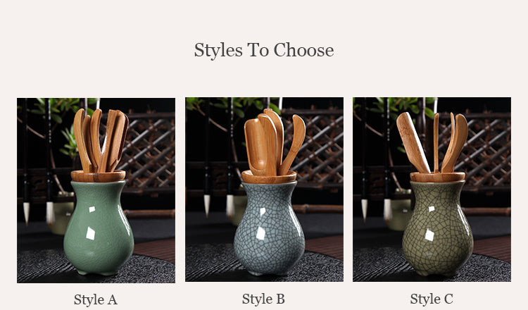 Chinese Celadon Ceramic Vase with 5 Piece Bamboo Tea Tools For Kung Fu Ceremony