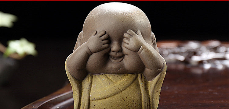Purple Clay Sand Monk Tea Pets. Buddha Say: Not Listen - Not Watch - Not Hear.