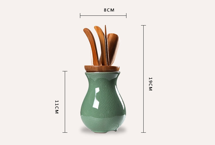 Chinese Celadon Ceramic Vase with 5 Piece Bamboo Tea Tools For Kung Fu Ceremony