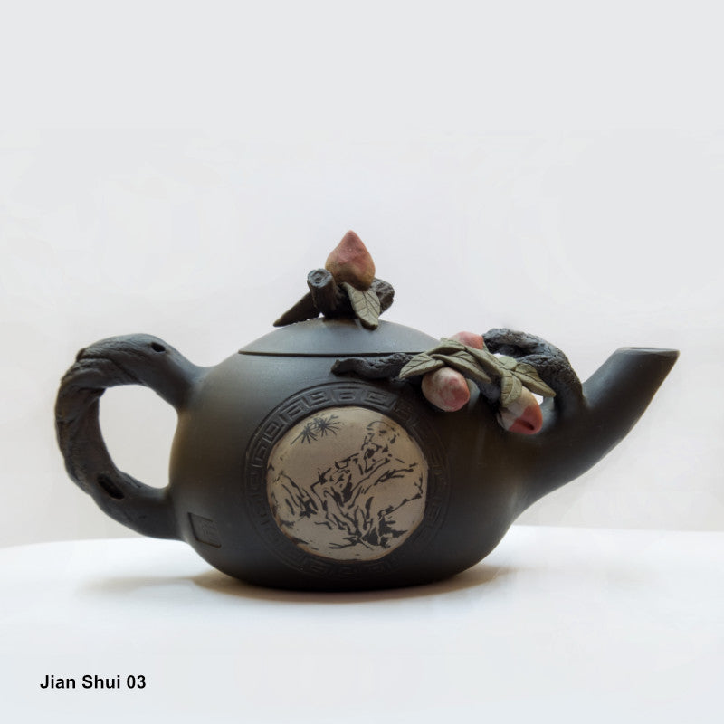 Jian Shui 03: Handcrafted Teapot with Flower Buds and White Medallion