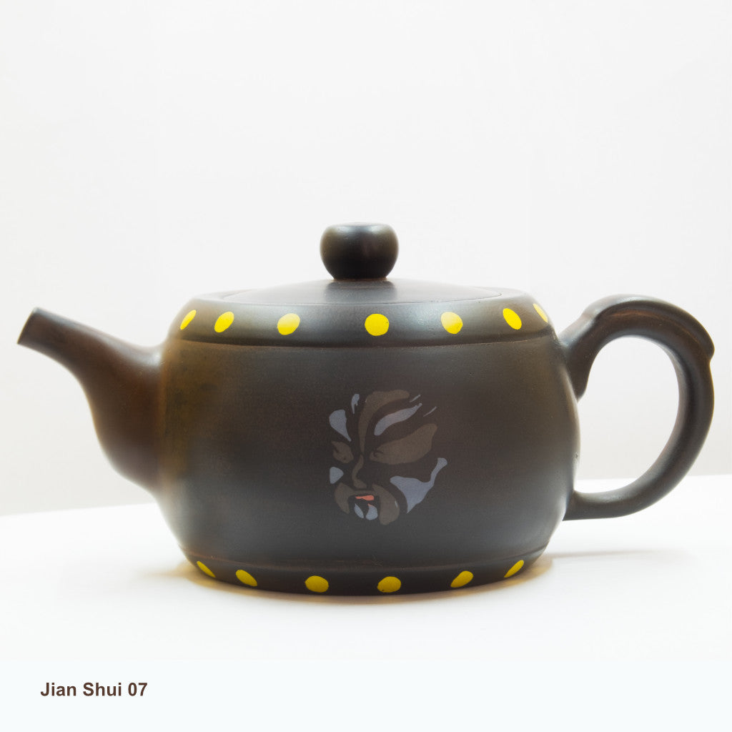 Jian Shui 07: 中国京剧脸谱 - Yellow dotted teapot with Chinese Beijing Opera Mask