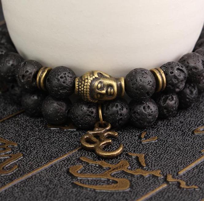 Lava Stone Bracelet Set - Tibetan Buddha / Yoga Jewelry *