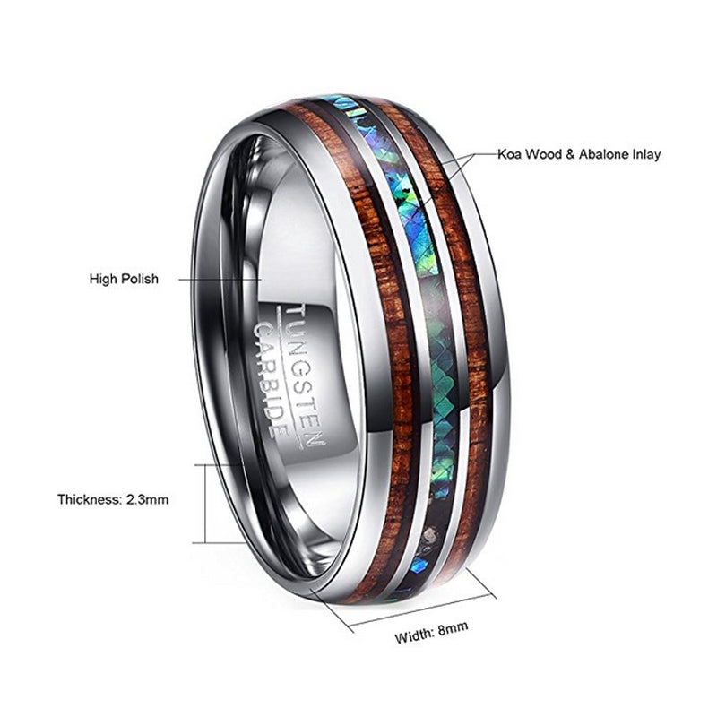 Hawaiian Koa Wood and Abalone Shell Tungsten Carbide Ring