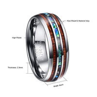 Hawaiian Koa Wood and Abalone Shell Tungsten Carbide Ring