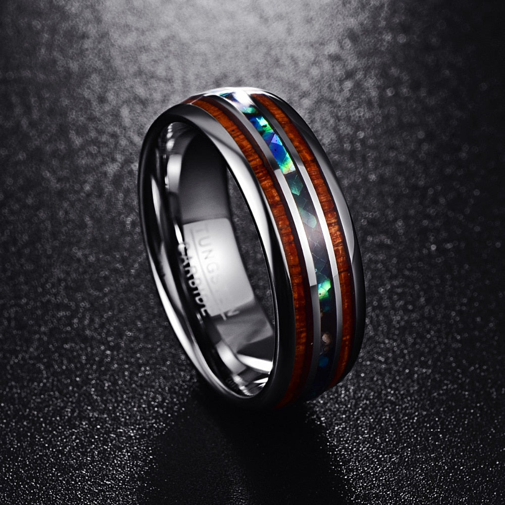 Hawaiian Koa Wood and Abalone Shell Tungsten Carbide Ring