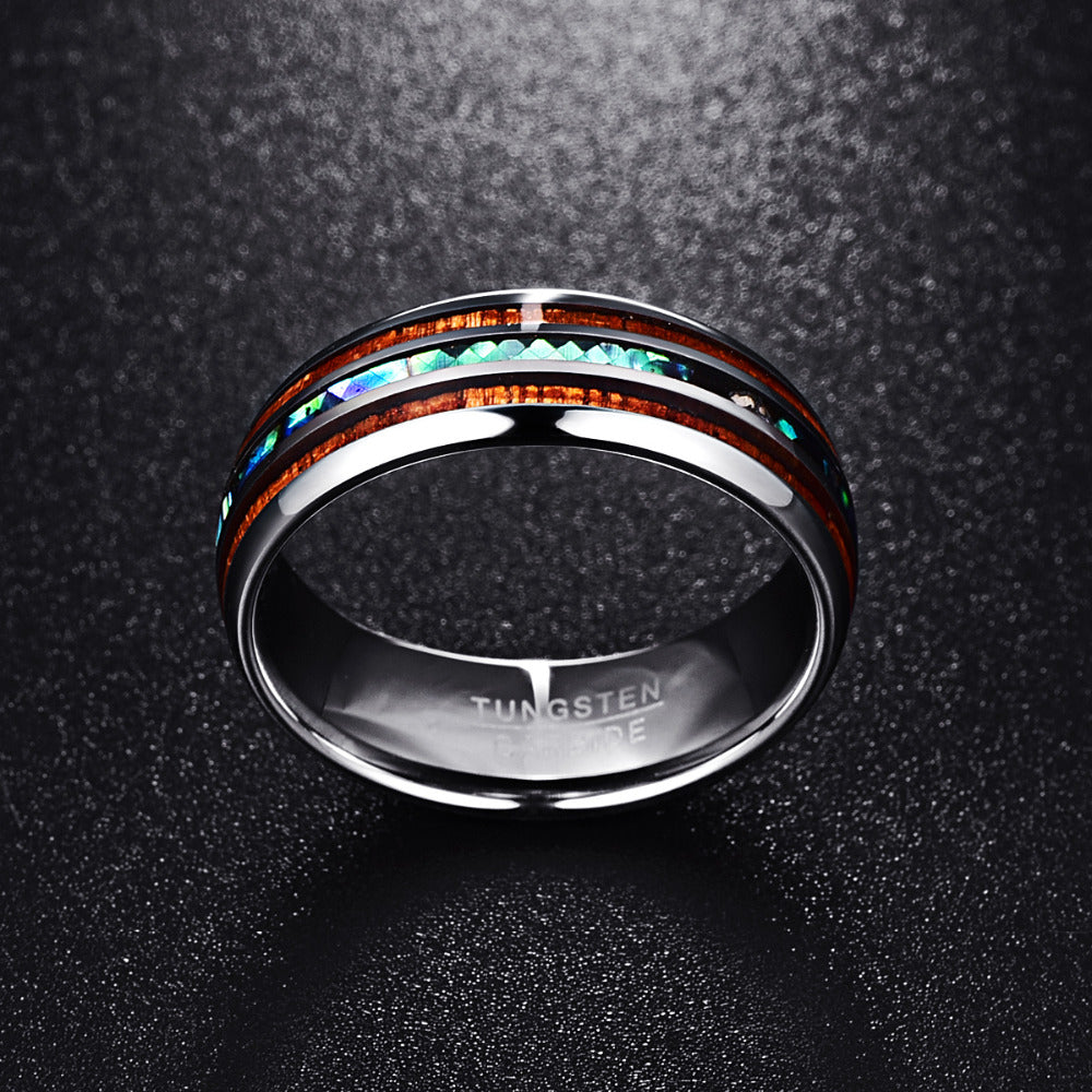 Hawaiian Koa Wood and Abalone Shell Tungsten Carbide Ring