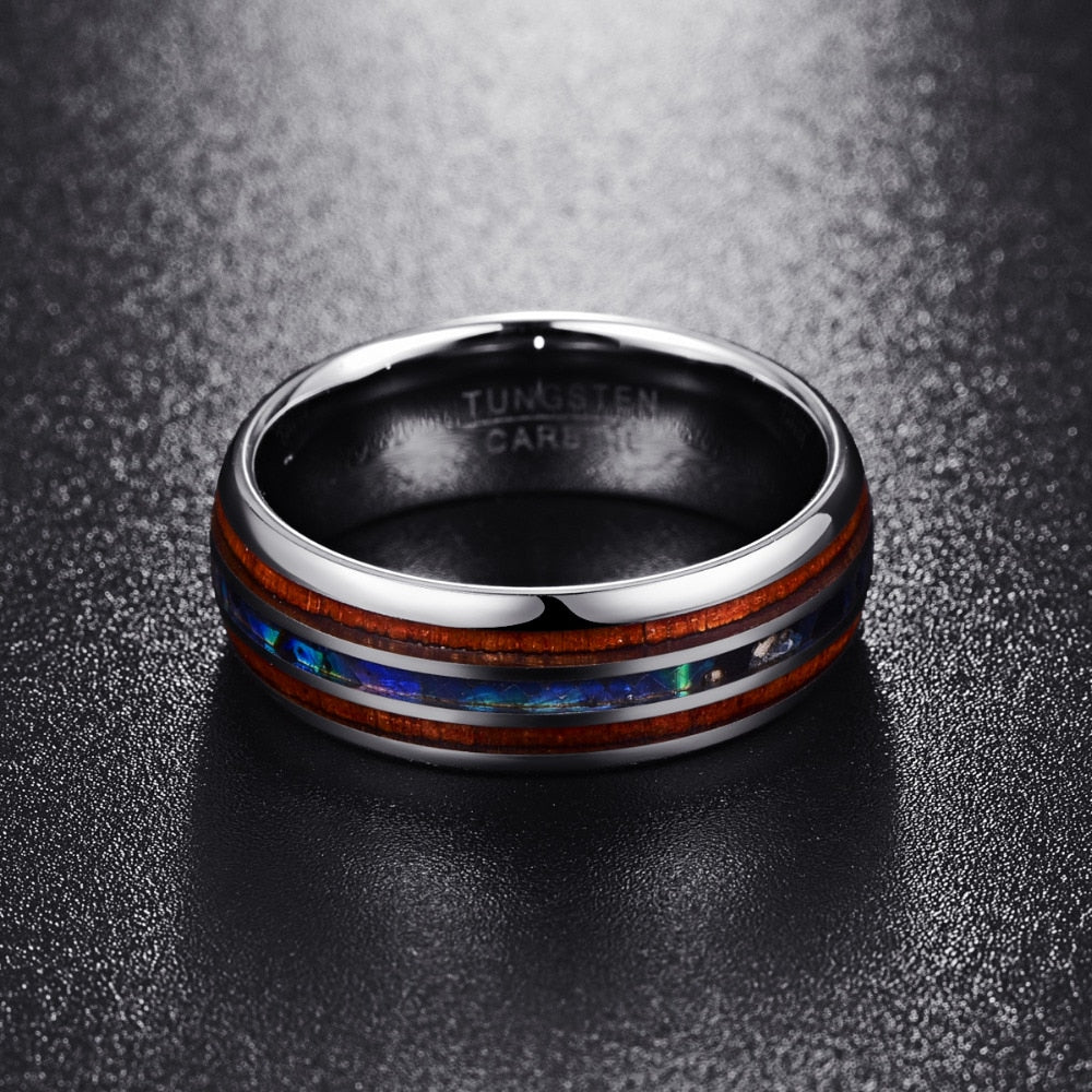 Hawaiian Koa Wood and Abalone Shell Tungsten Carbide Ring