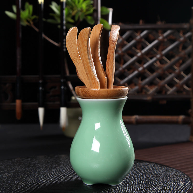 Chinese Celadon Ceramic Vase with 5 Piece Bamboo Tea Tools For Kung Fu Ceremony