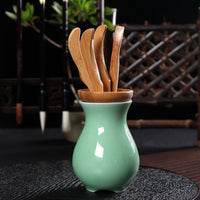 Chinese Celadon Ceramic Vase with 5 Piece Bamboo Tea Tools For Kung Fu Ceremony