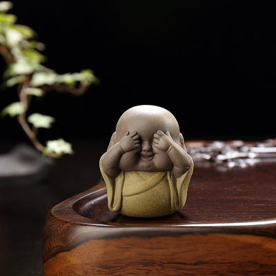 Purple Clay Sand Monk Tea Pets. Buddha Say: Not Listen - Not Watch - Not Hear.
