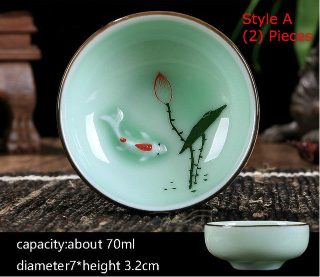 Goldfish Swimming in your teacup. Hand-painted Longquan Celadon Porcelain - Set of Two