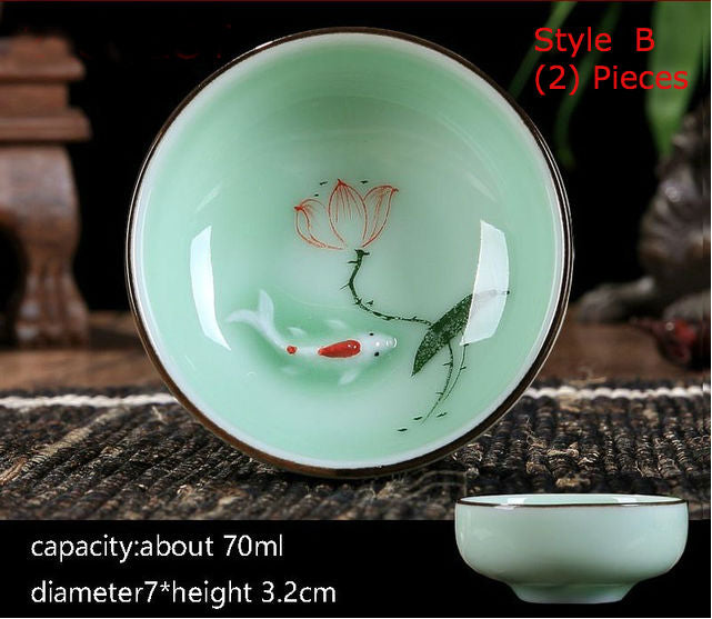 Goldfish Swimming in your teacup. Hand-painted Longquan Celadon Porcelain - Set of Two