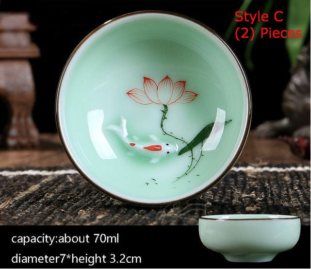 Goldfish Swimming in your teacup. Hand-painted Longquan Celadon Porcelain - Set of Two