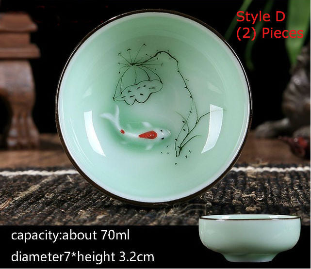 Goldfish Swimming in your teacup. Hand-painted Longquan Celadon Porcelain - Set of Two