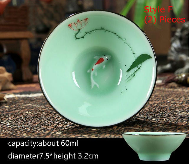Goldfish Swimming in your teacup. Hand-painted Longquan Celadon Porcelain - Set of Two