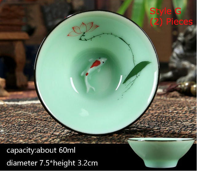Goldfish Swimming in your teacup. Hand-painted Longquan Celadon Porcelain - Set of Two