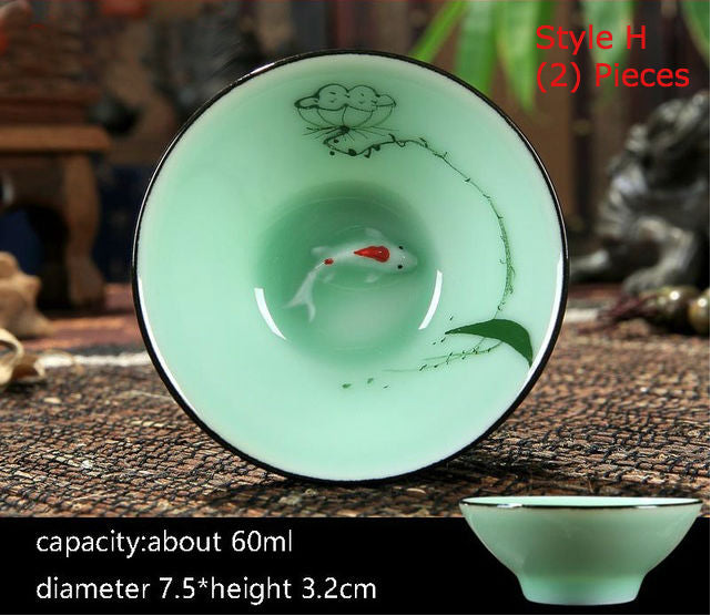 Goldfish Swimming in your teacup. Hand-painted Longquan Celadon Porcelain - Set of Two