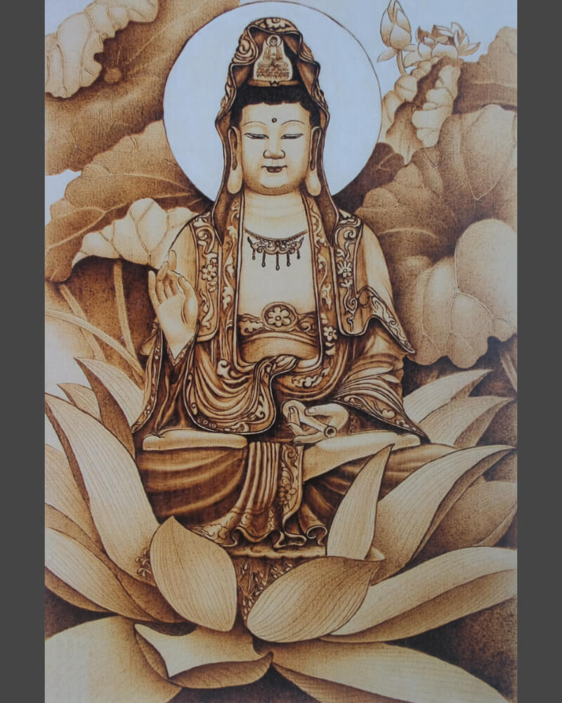 108 Naxi Wood Burned Art: Buddhist Goddess Sitting on Throne of Lotus Flower