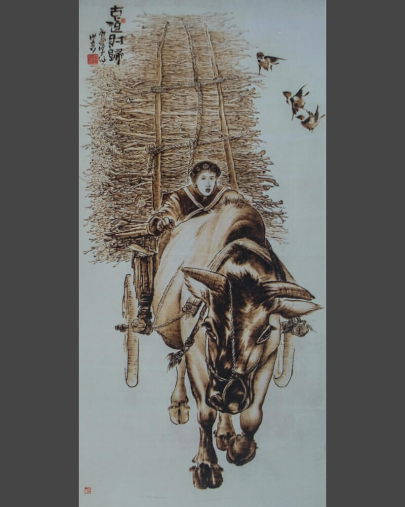113 Naxi Wood Burned Art: Woman Driving Ox Cart With Bundles of