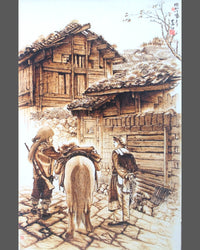 114 Naxi Wood Burned Art: Naxi Hunter, Wife and Horse