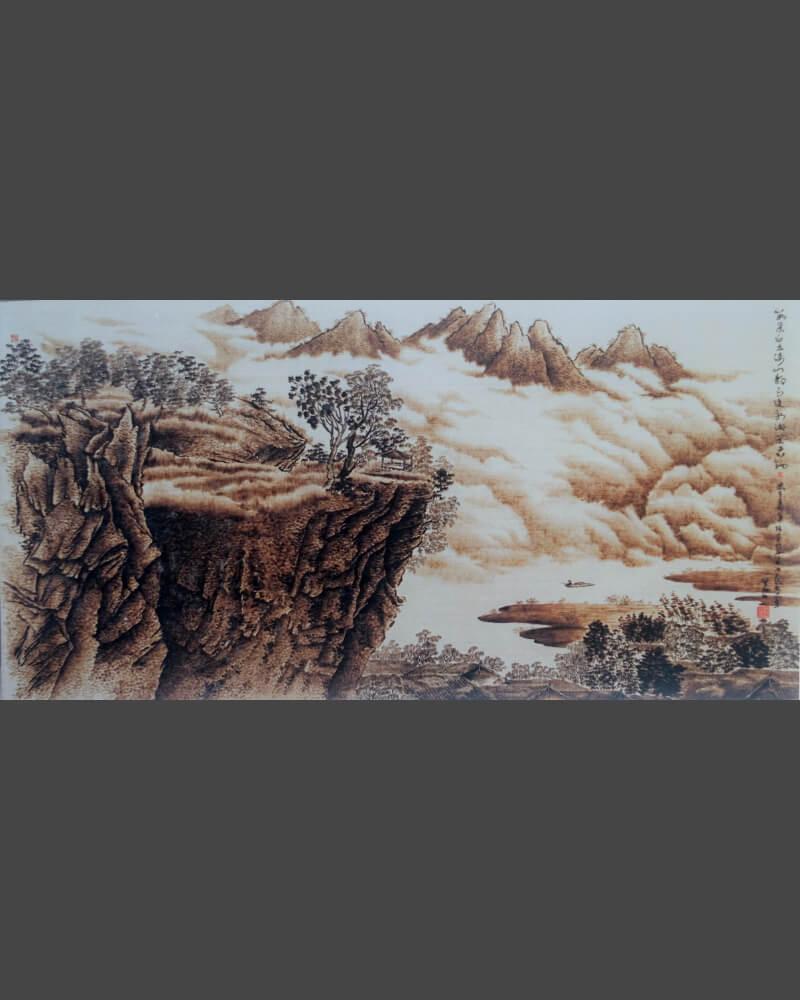 115 Naxi Wood Burned Art: Landscape - Mountains, Clouds, River, Retreat on Cliff