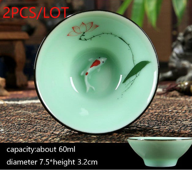 New Multiple Varients 2PCS/Lot Chinese Style Longquan Celadon Teacup Hand Painted Vintage Pattern Vintage Small Tea Bowls Master Pu Er Tea Cups Gifts