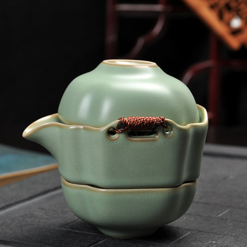 Two Cup and Gaiwan Kung Fu Tea Set with Serving Tray - Crackle or Smooth Finish