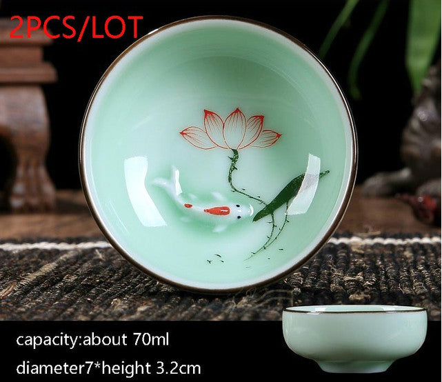 New Multiple Varients 2PCS/Lot Chinese Style Longquan Celadon Teacup Hand Painted Vintage Pattern Vintage Small Tea Bowls Master Pu Er Tea Cups Gifts