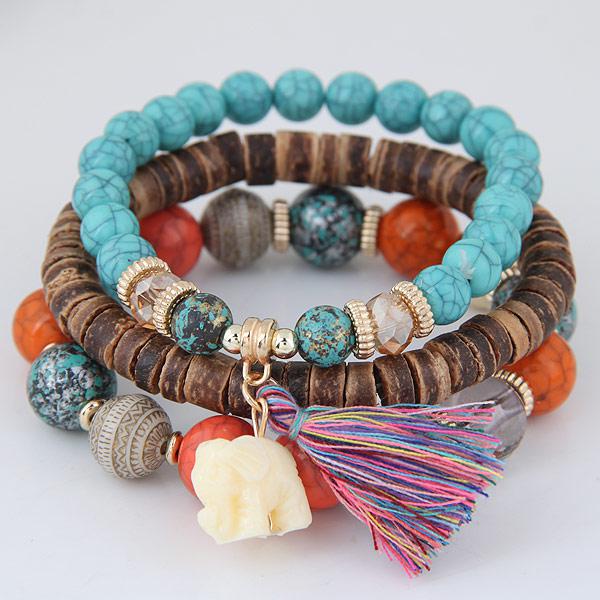 Wooden Beaded Bracelet Sets: White Elephant Charm and Tassel *