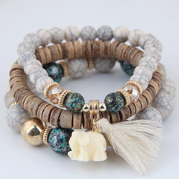 Wooden Beaded Bracelet Sets: White Elephant Charm and Tassel *