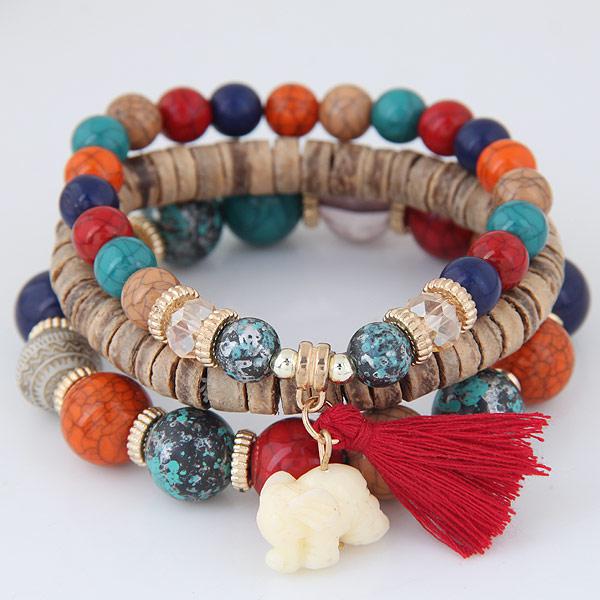 Wooden Beaded Bracelet Sets: White Elephant Charm and Tassel *