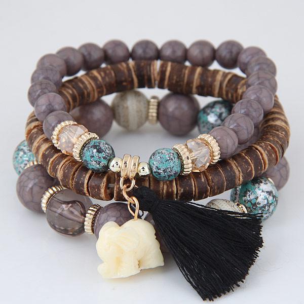 Wooden Beaded Bracelet Sets: White Elephant Charm and Tassel *